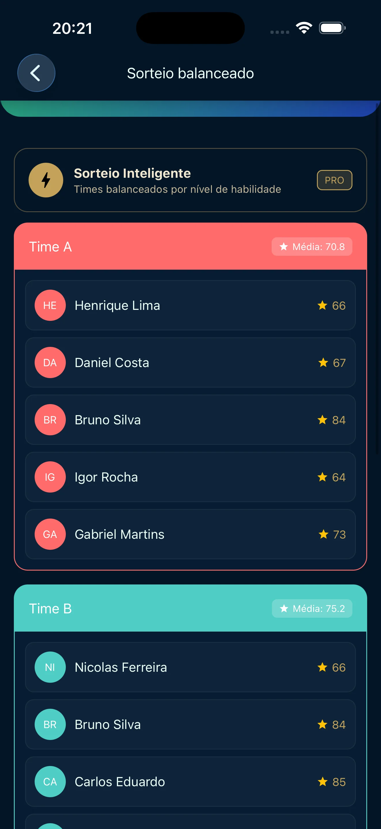Tela de sorteio de times no Vai de fut