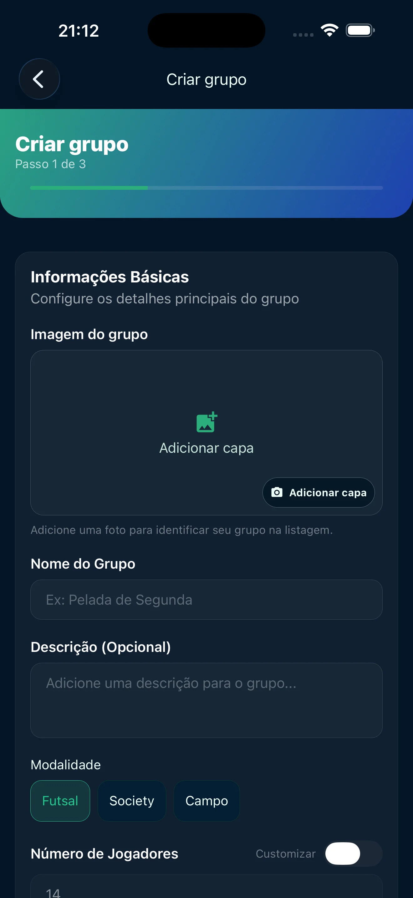 Vai de fut group creation screen with futsal, society and field formats