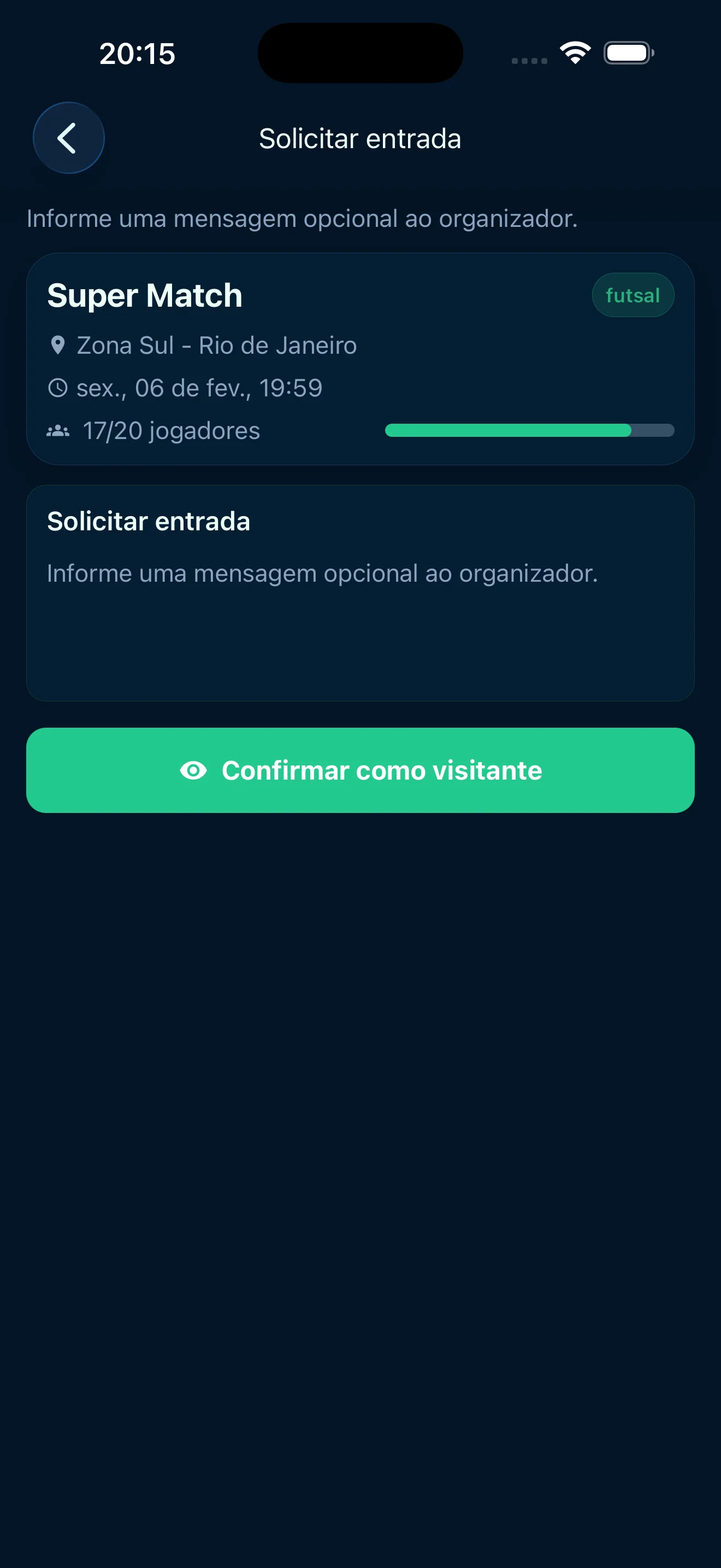Vai de fut match screen showing 17 of 20 players confirmed