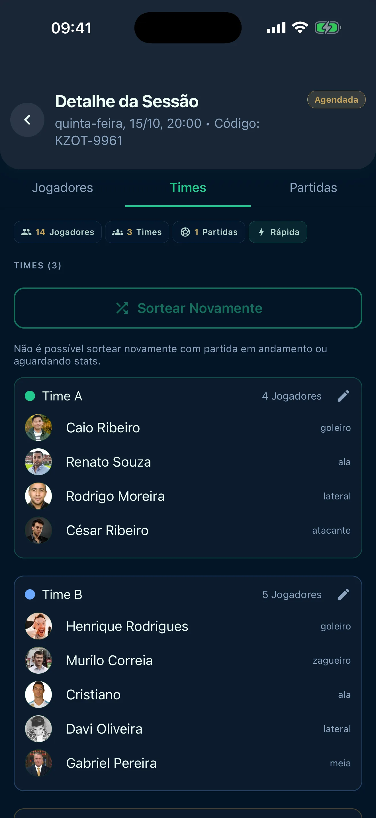 Vai de fut video: balanced team draw, match creation, and the Live Match timer in action